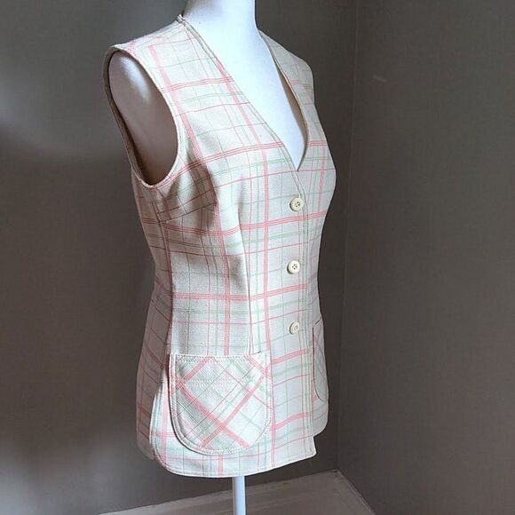 Vintage 1960s Jantzen Vest Pink Plaid Knit 1960 Mod Preppy Pastel Size 12 - Picture 3 of 12